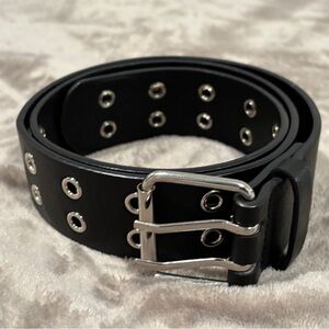 Brandy Melville Belt Black Faux Leather Double Holes One Size Silver Buckle